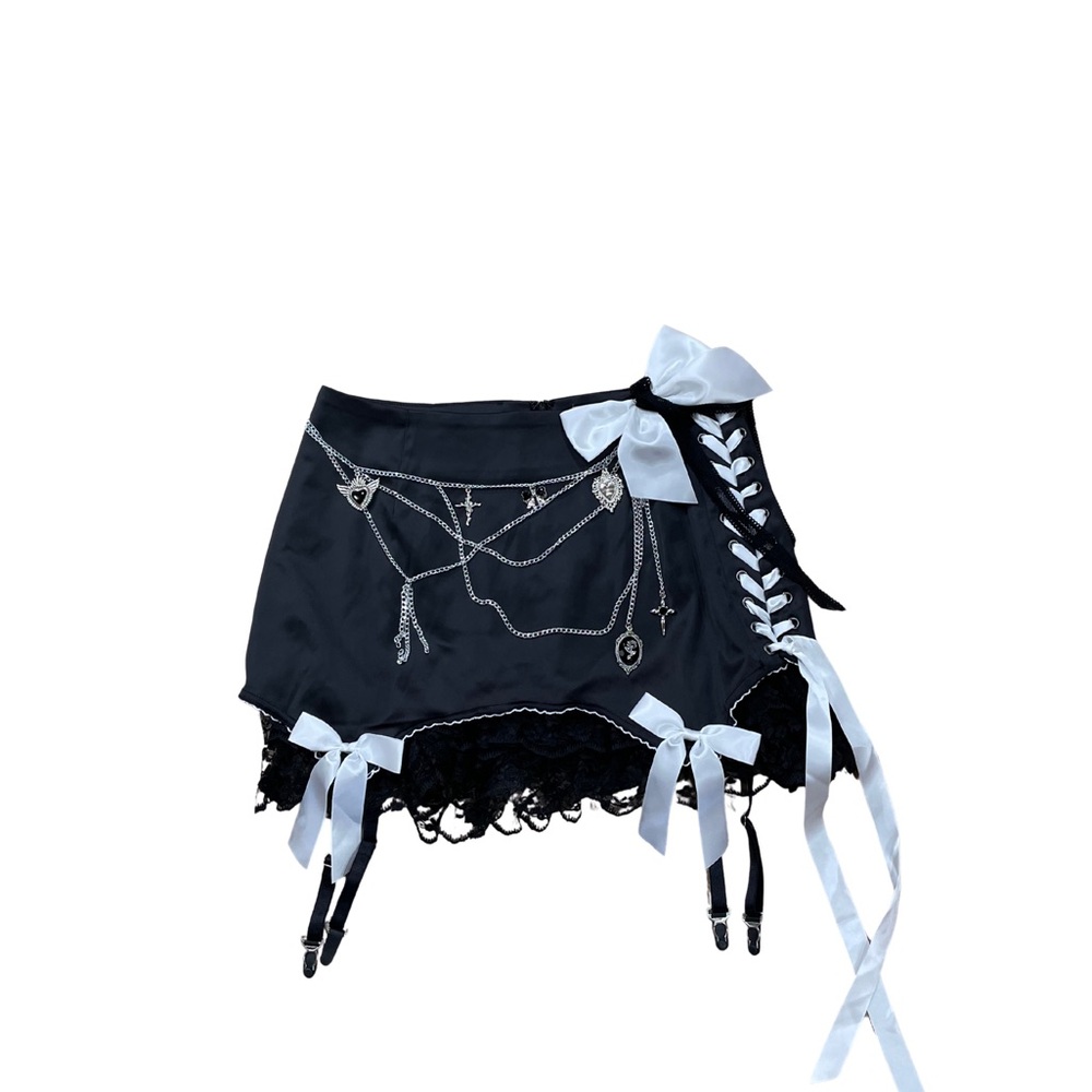 Sugar Thrillz Black Silky Skirt with White and Black Lace Accents